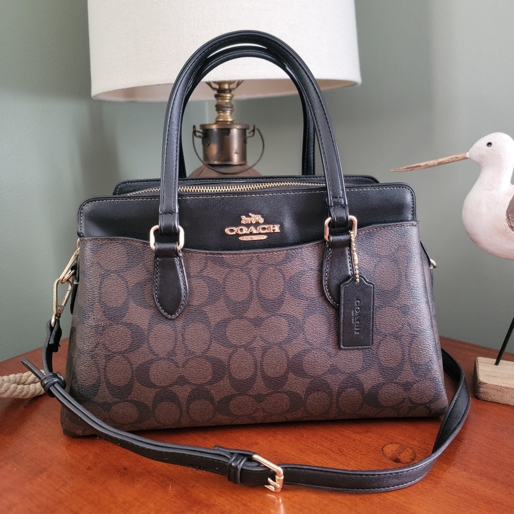Coach CH488 Darcie Carryall Signature Canvas Satchel Black Brown Leather Bag